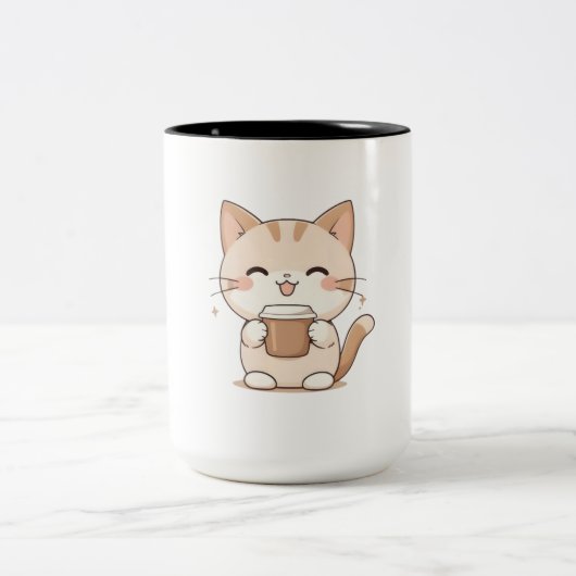 かわいい猫がコーヒーを飲むかわいいデザイン ツートーンマグカップ (中央)