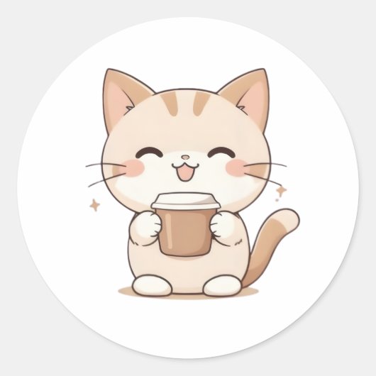 かわいい猫がコーヒーを飲むカワイイデザイン ラウンドシール (正面)