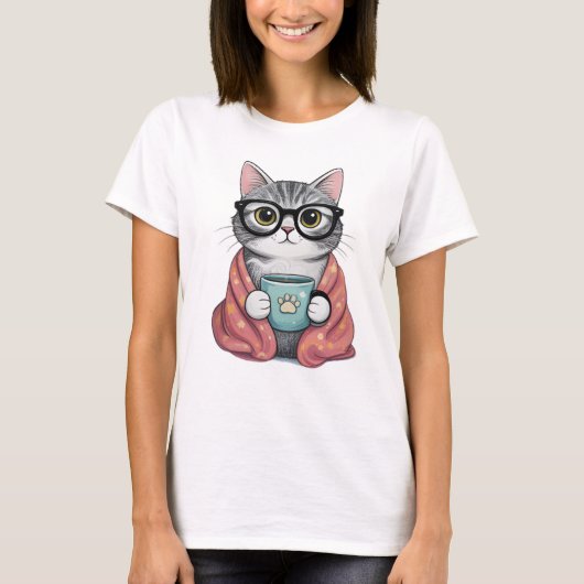 かわいい猫がコーヒーを飲む Tシャツ (正面)