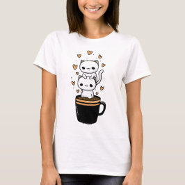 かわいい猫がコーヒーマグでコーヒーを飲むハートのTシャツ Tシャツ