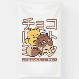 かわいい猫がチョコレートミルクの紙パックに抱きついているかわいいアート 横断幕