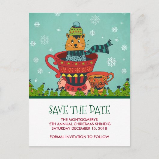 かわいい猫がティーカップに座って Save the Date ポストカード (正面)