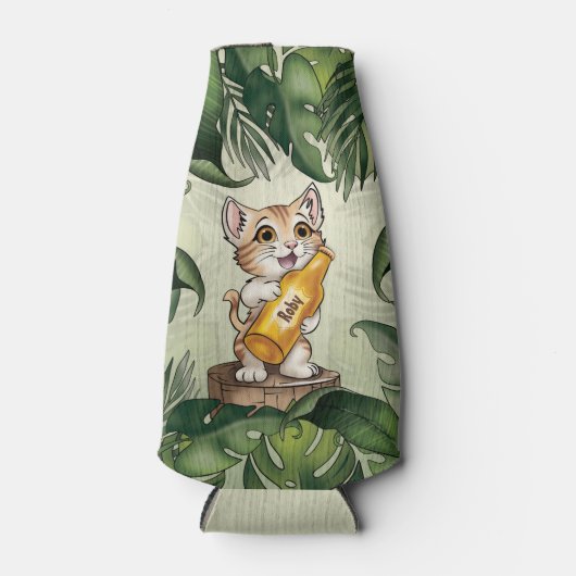 かわいい猫がビールジャングルの葉アニメート ボトルクーラー (正面)