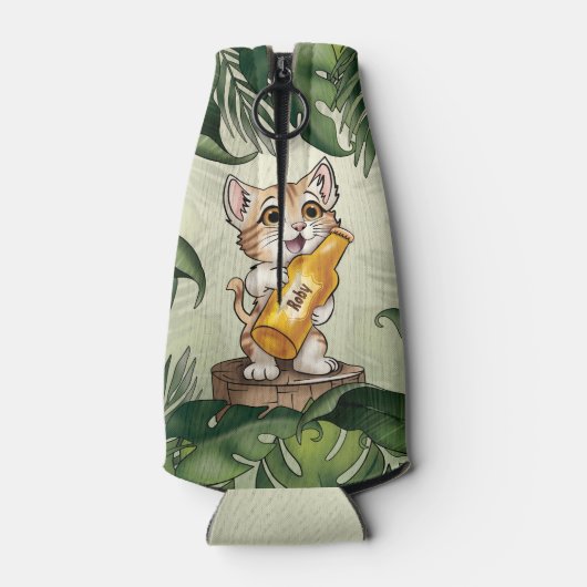 かわいい猫がビールジャングルの葉アニメート ボトルクーラー (裏面)