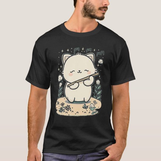 かわいい猫がフルートを演奏する面白い猫 Tシャツ (正面)