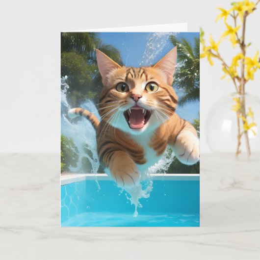 かわいい猫がプールでダイビングを楽おもしろい空白の カード (黄色い花)