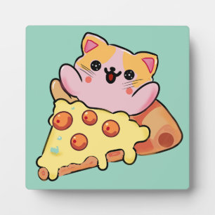 かわいい猫がペパロニピザを抱っこするキャラクター フォトプラーク