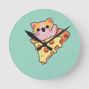 かわいい猫がペパロニピザを抱っこするキャラクター ラウンド壁時計