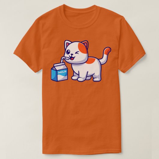 かわいい猫がミルクの漫画を飲む Tシャツ (デザイン正面)