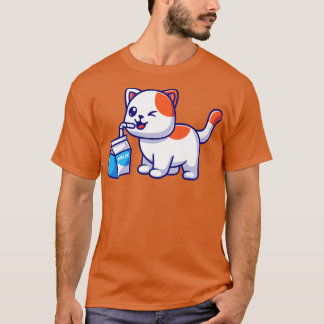 かわいい猫がミルクの漫画を飲む Tシャツ