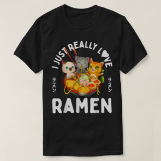 かわいい猫がラーメンを愛するボウルデザイン Tシャツ