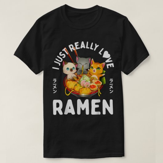 かわいい猫がラーメンを愛するボウルデザイン Tシャツ (デザイン正面)