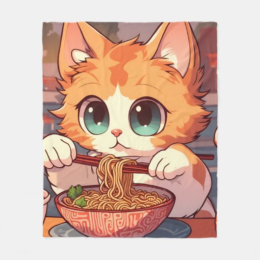 かわいい猫がラーメンを食べている フリースブランケット (正面)