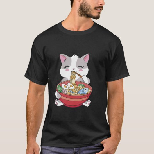 かわいい猫がラーメンを食べている Tシャツ (正面)