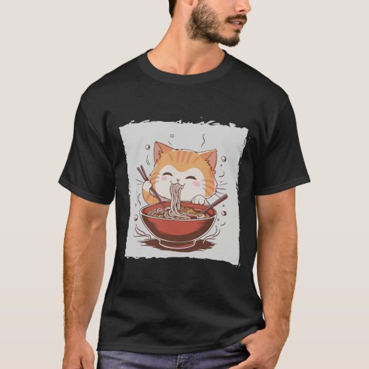 かわいい猫がラーメンを食べるアニメTシャツ- Tシャツ (正面)
