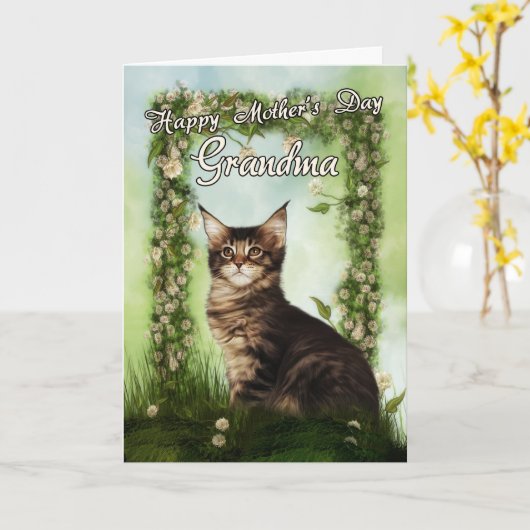 かわいい猫が付いている祖母の母の日カード カード (黄色い花)
