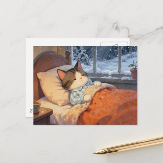 かわいい猫が冬の雪の外で眠っている ポストカード (正面/裏面インサイチュ)