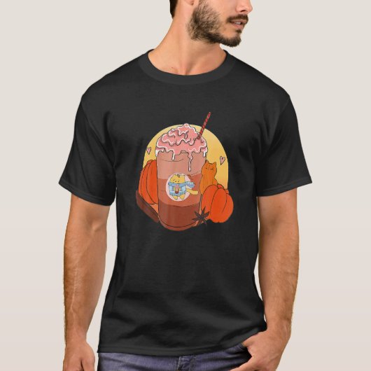 かわいい猫が大好きなパンプキンスパイスコーヒーラテ 秋 Tシャツ (正面)