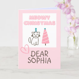 かわいい猫が帽子をかぶったツリーのハッピーなクリスマスパステルカード カード