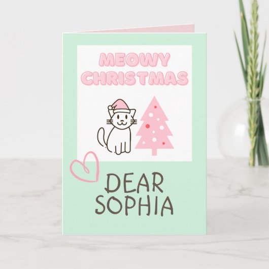 かわいい猫が帽子をかぶったツリーのハッピーなクリスマスパステルカード カード (正面)