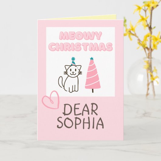 かわいい猫が帽子をかぶったツリーのハッピーなクリスマスパステルカード カード (黄色い花)