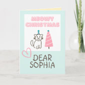 かわいい猫が帽子をかぶって木と一緒にクリスマスをお祝いするパステルカラーのカード カード (正面)