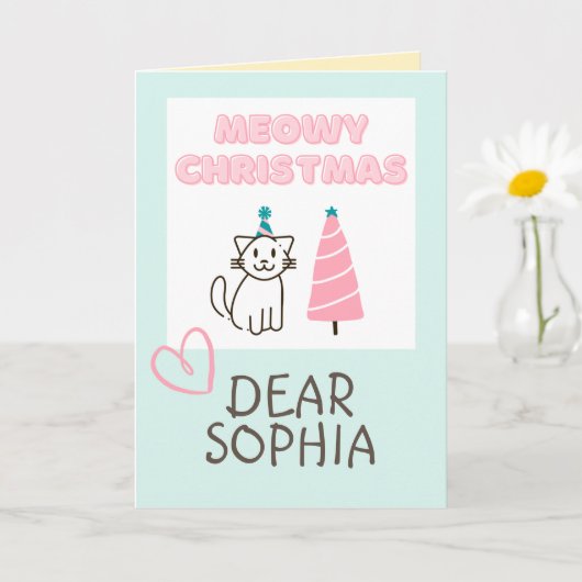 かわいい猫が帽子をかぶって木と一緒にクリスマスをお祝いするパステルカラーのカード カード (小さな植物)