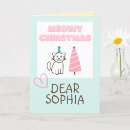 かわいい猫が帽子をかぶって木と一緒にハッピーなクリスマスを祝うパステルカラーのカード カード