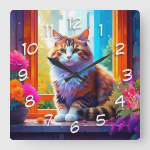 かわいい猫が座る街の窓あいアート スクエア壁時計