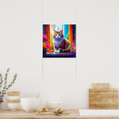 かわいい猫が座る街の窓あいアート ポスター (キッチン)