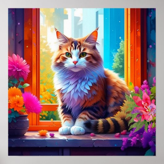 かわいい猫が座る街の窓あいアート ポスター (正面)