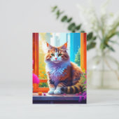 かわいい猫が座る街の窓あいアート ポストカード (スタンド正面)