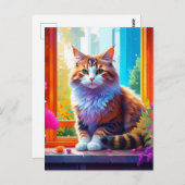 かわいい猫が座る街の窓あいアート ポストカード (正面/裏面)