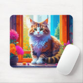 かわいい猫が座る街の窓あいアート マウスパッド (マウス)