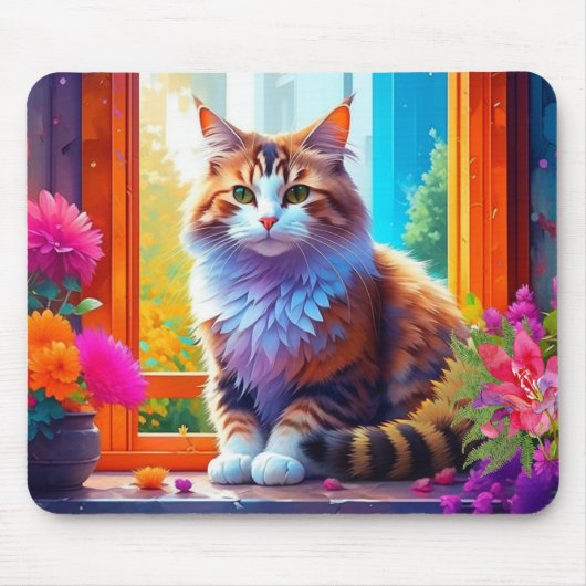 かわいい猫が座る街の窓あいアート マウスパッド (正面)