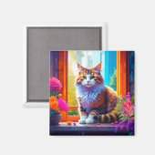 かわいい猫が座る街の窓あいアート マグネット (正面/裏面)