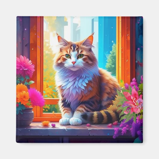 かわいい猫が座る街の窓あいアート マグネット (正面)