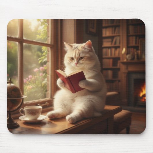 かわいい猫が本を読む マウスパッド (正面)