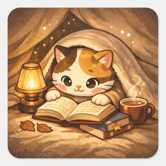 かわいい猫が本を読む | 心地よい読書好きな猫 スクエアシール (正面)
