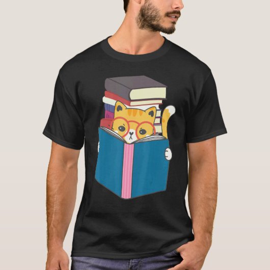 かわいい猫が本を読む Tシャツ (正面)