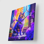 かわいい猫が窓辺に座る愛アート スクエア壁時計 (傾斜)