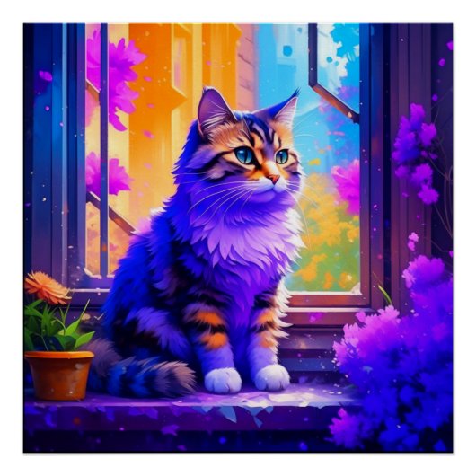 かわいい猫が窓辺に座る愛アート ポスター (正面)