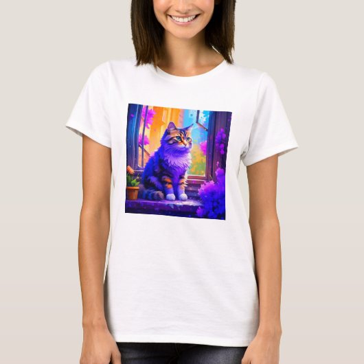 かわいい猫が窓辺に座る愛アート Tシャツ (正面)