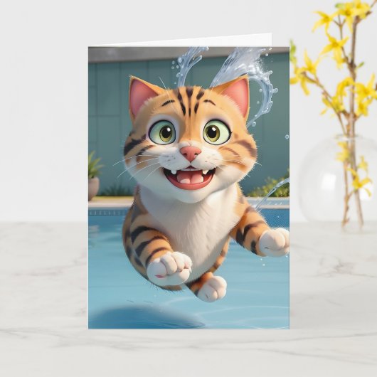 かわいい猫が飛んで泳いでいるダイビングプール面白いブランケット カード (黄色い花)