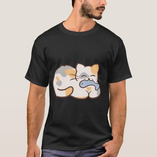 かわいい猫が魚を食べている Tシャツ (正面)
