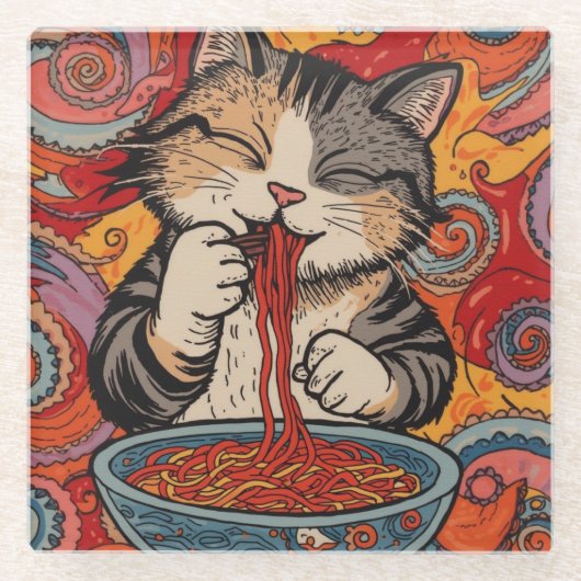 かわいい猫が麺を食べている ガラスコースター (正面)