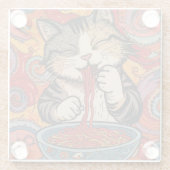 かわいい猫が麺を食べている ガラスコースター (裏面)