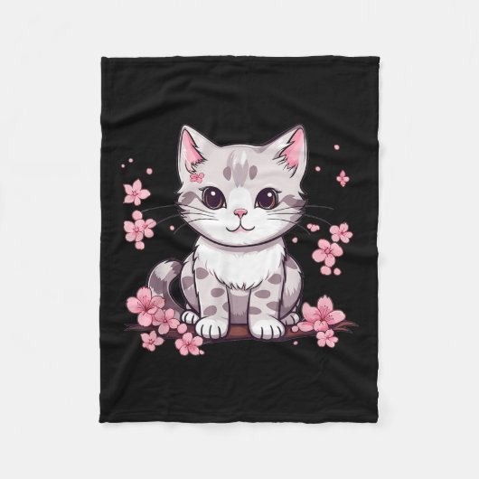 かわいい猫さくらんぼの花私の子猫 フリースブランケット (正面)