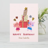 かわいい猫たちギフト保持ピンクハッピーバースデー カード (スタンド正面)