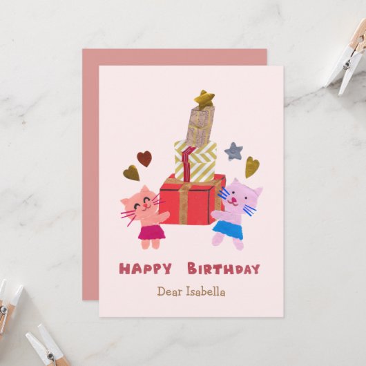 かわいい猫たちギフト保持ピンクハッピーバースデー カード (正面/裏面インサイチュ)